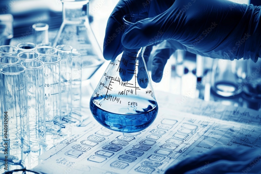 Poster Lab worker holding flask with test tubes
