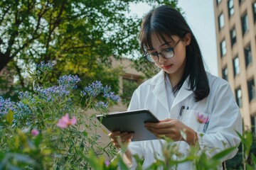 Fototapeta premium A young woman with a digital tablet selects specimen plants outside her laboratory