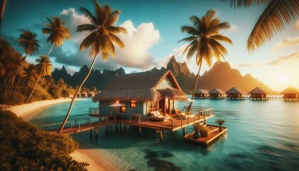 Tropical Paradise Overwater Bungalow at Sunset