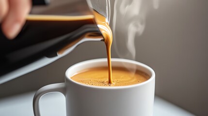 A steaming cup of coffee being poured, showcasing rich colors and warmth, perfect for coffee lovers and cozy mornings.