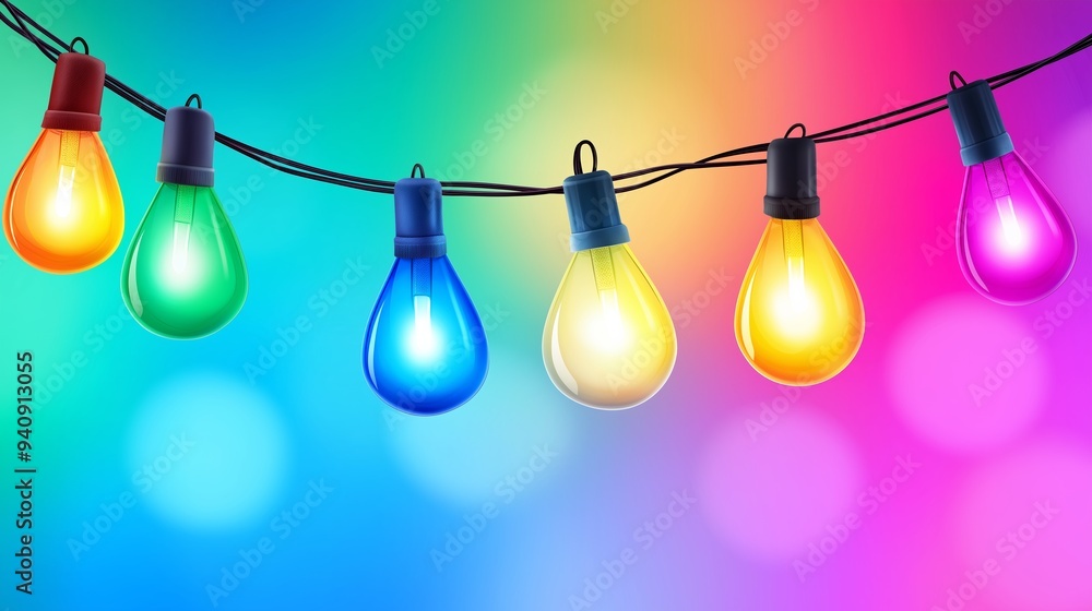 Poster a colorful string of lights with a blue background. the lights are of different colors and are hangi