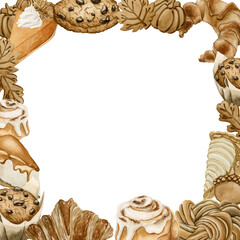 Autumn Pastry and Desserts Frame. Fall Delicious Candy Sweets. Watercolor food illustration for Thanksgiving design