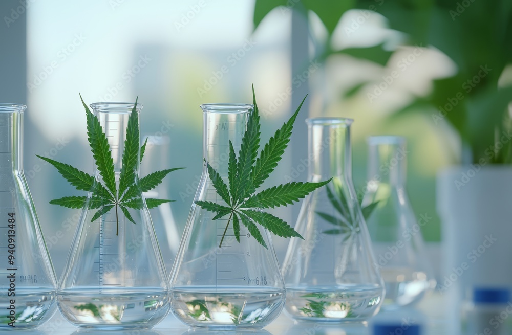 Poster Green leaf in beaker and flask in laboratory for biotechnology science