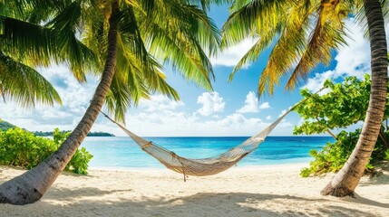 A hammock swaying between palm trees on a sunny beach, inviting relaxation with a view of the ocean.