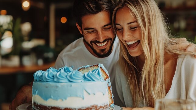 Happy couple celebrating with a blue frosted cake, sharing joyful moments and creating unforgettable memories in a cozy setting.