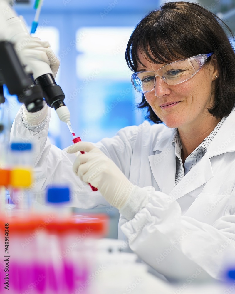 Poster in a lab, a scientist uses a pipette