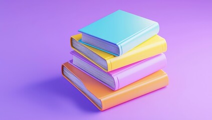 Fototapeta premium Row of pastel-colored books standing upright against a soft purple background Generative AI