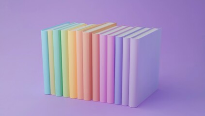 Fototapeta premium Row of pastel-colored books standing upright against a soft purple background Generative AI