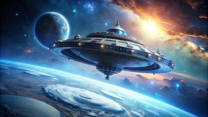 Obraz premium Futuristic alien spacecraft floating in outer space, alien, spacecraft, interstellar, technology