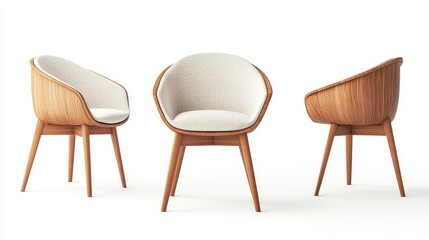 Wooden and fabric chair isolated on white background. Shown from various angles.