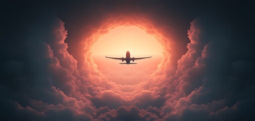 Naklejka premium A stunning sunset silhouette of an airplane flying through vibrant clouds, capturing the essence of travel and adventure.