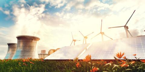Energy mix of nuclear power plant, wind turbines and solar panels