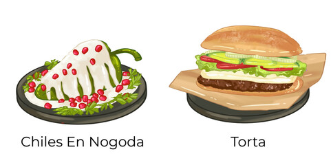 Mexican Food Illustration Set Taco Chilaquiles Nachos Quesadilla Pozole Enchilada Taquito