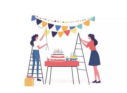birthday party preparation scene with colorful decorations clip art preview