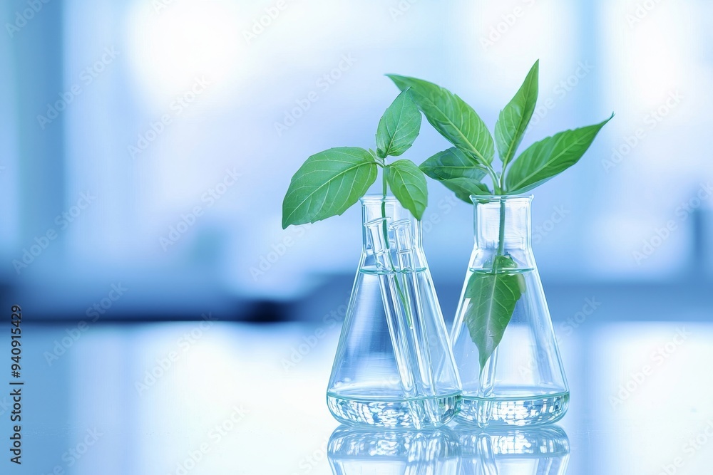 Poster A green leaf in a biotechnology science lab with a flask beaker cylinder and water in a blue background