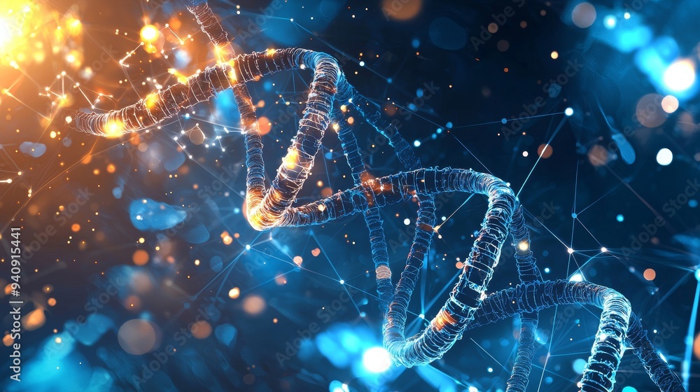 Aufkleber the dna helix is glowing with blue particles over a dark blue background. this is a concept related 