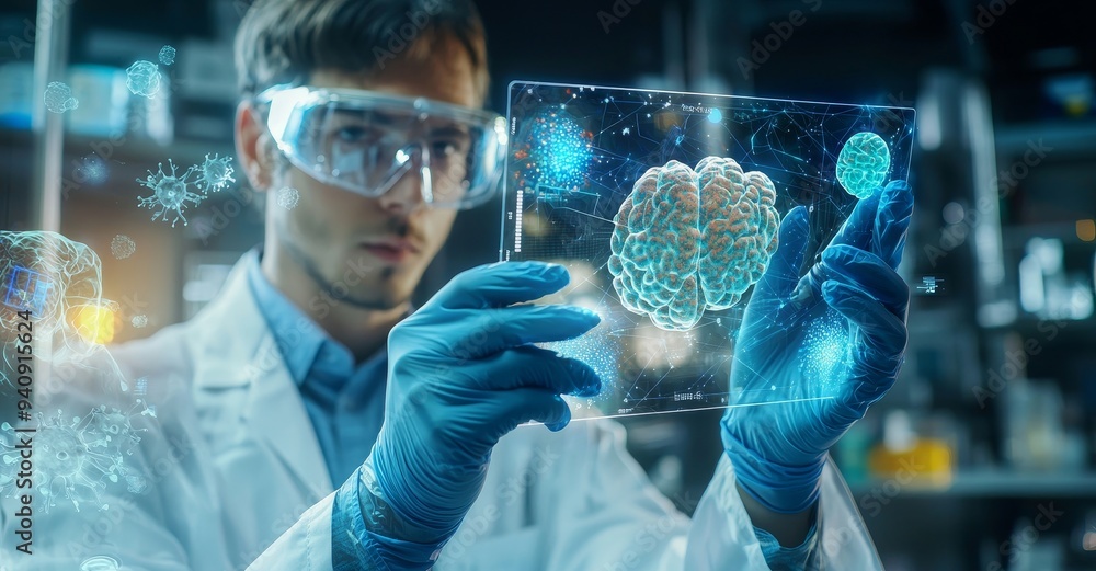 Poster the image shows a futuristic researcher observing the results of his research using an augmented rea