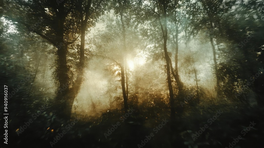 Poster A serene forest scene illuminated by soft sunlight filtering through misty trees, creating a tranquil and ethereal atmosphere.