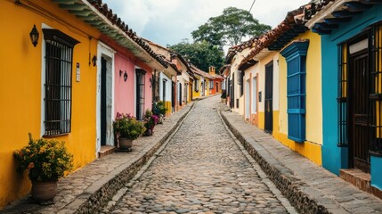 Fototapeta premium A lively street scene in a colonial town, with cobblestone roads and a row of colorful houses.
