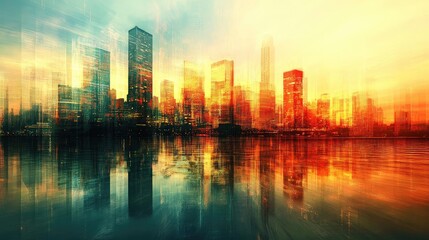 Fototapeta premium A vibrant city skyline reflecting on water, showcasing abstract colors of orange, blue, and green in a dynamic atmosphere.