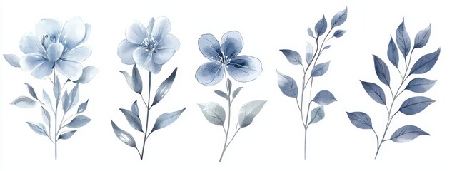 Fototapeta premium A watercolor illustration of a botanical collection. It includes leaves, flowers, branches, herbs, and other natural elements. It also features blue flowers.