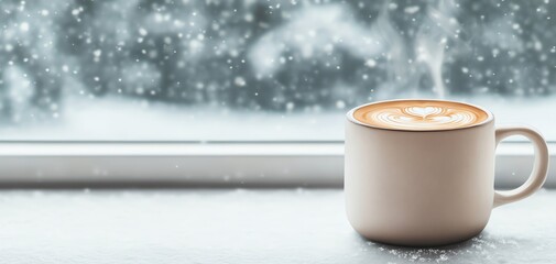 A warm cup of coffee rests on a snowy window sill, creating a cozy and inviting winter atmosphere.
