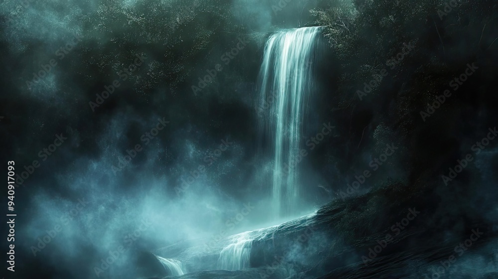 Poster A serene waterfall cascading through misty forest, creating a magical and tranquil atmosphere perfect for relaxation and nature lovers.