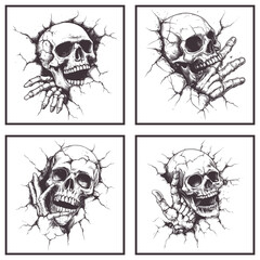 Fototapeta premium Skull and hand breaking through wall on white background