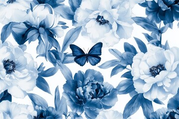 Flowers and butterflies in a garden, peonies and irises blooming. Blue and white. Vintage illustration. For paper, wallpaper, summer textiles.