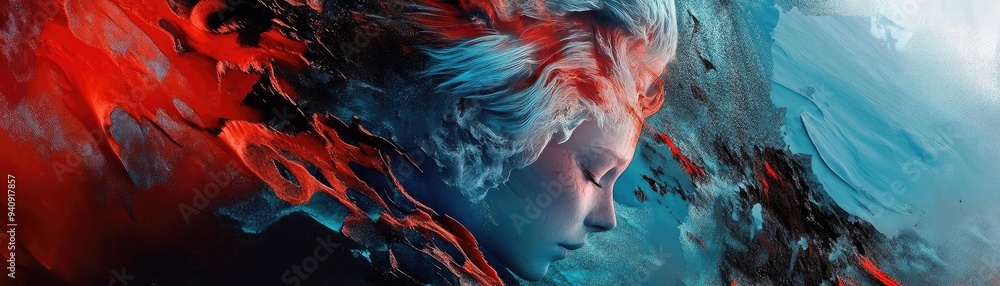 Poster a captivating portrait blending vibrant colors and ethereal textures, evoking emotion and creativity
