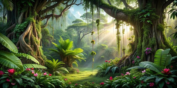 Fototapeta Lush jungle scene with ancient tree, vines, and tropical flowers on background , Tropical, Jungle, Tree, Vines, Flowers