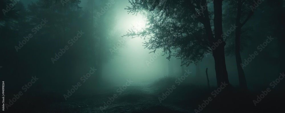 Poster A mysterious fog envelops a tranquil forest, creating an eerie yet enchanting atmosphere with soft light filtering through trees.