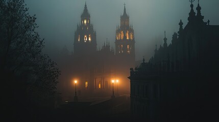 A moody, foggy night view of Santiago de Compostela Cathedral, with soft lights piercing through the mist.