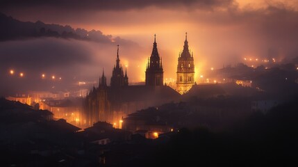 A moody, foggy night view of Santiago de Compostela Cathedral, with soft lights piercing through the mist.