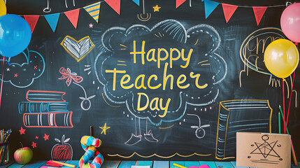 Happy teacher day message on classroom chalkboard