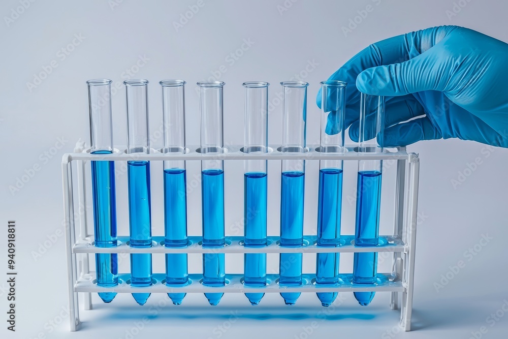 Poster The hand of a scientist holding a flask with laboratory glassware in a chemical lab with a background of science lab equipment, research and development concept in a science lab