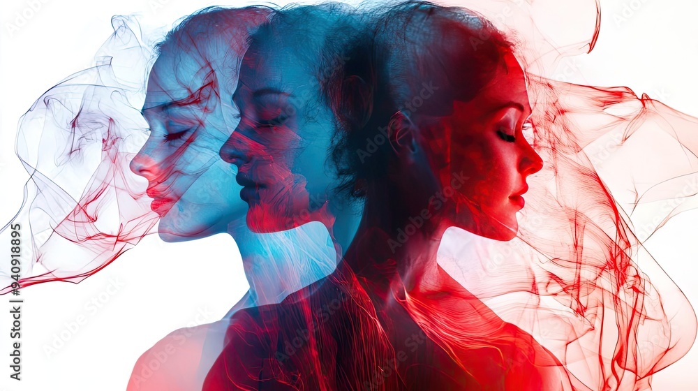 Poster artistic portrait featuring multiple profiles with colorful smoke effects, representing beauty and c