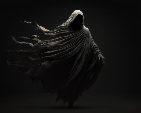 The silhouette of a ghostly hunter in a tattered cloak, emerging from the shadows with a spectral glow, evoking a sense of eerie mystery