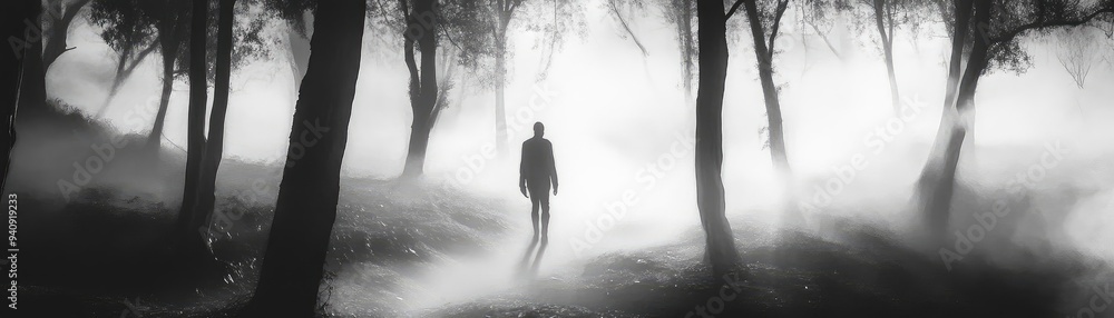 Poster a mysterious figure walks through a foggy forest, creating an eerie atmosphere. the black and white 