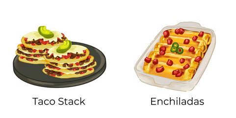 Mexican Food Illustration Set Taco Chilaquiles Nachos Quesadilla Pozole Enchilada Taquito