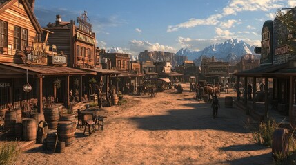 Fototapeta premium A nostalgic Western town scene featuring rustic saloons and a lively atmosphere, evoking the spirit of the Old West.