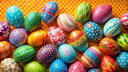 Obraz premium Beautiful Easter eggs on a colorful backdrop , Easter, eggs, holiday, spring, decoration, vibrant, traditional, festive