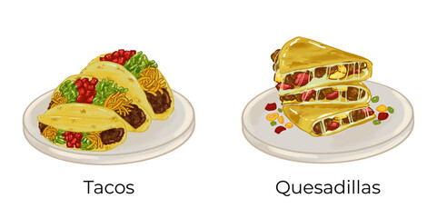 Mexican Food Illustration Set Taco Chilaquiles Nachos Quesadilla Pozole Enchilada Taquito