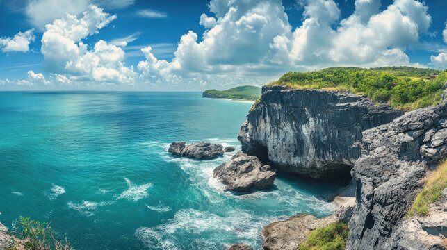 A panoramic shot of Krating Cape, Phuket, capturing the dramatic cliffs and the serene, endless expanse of ocean.