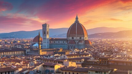 Obraz premium A panoramic shot of Piazza del Duomo, highlighting the impressive dome of Santa Maria del Fiore against the vibrant Florentine skyline.