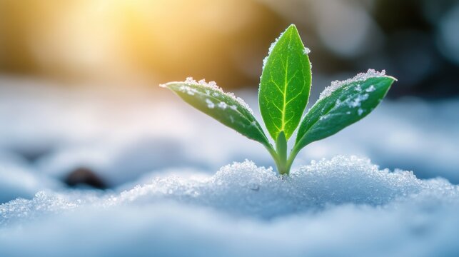 Resilient Green Sprout Emerging Through Snow Signifying the Start of Success