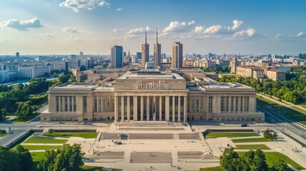 Fototapeta premium A panoramic shot of Warsaw's Palace of Culture and Science, capturing its grandeur and the surrounding cityscape.