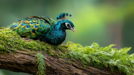 Obraz premium A tight shot of a bird perched on a tree branch, adorned with green moss on its sides