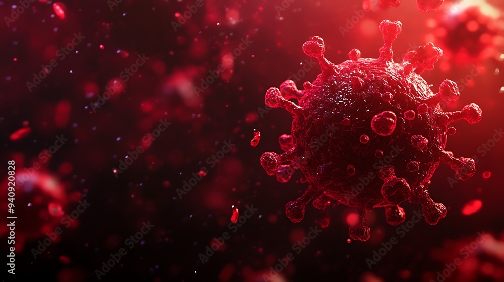 Poster a microscopic close-up of a virus particle, depicted as a 3d rendering, with a red background.