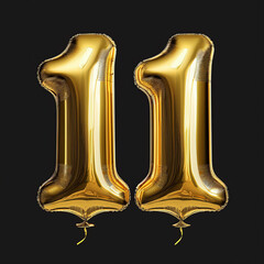 Gold birthday / anniversary balloon, number 11, black background